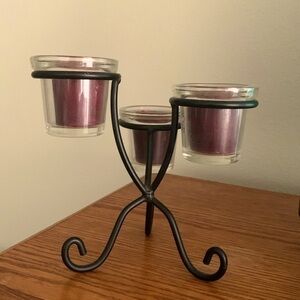 NWOT, Black metal three candle holder with three Black Cherry candles
